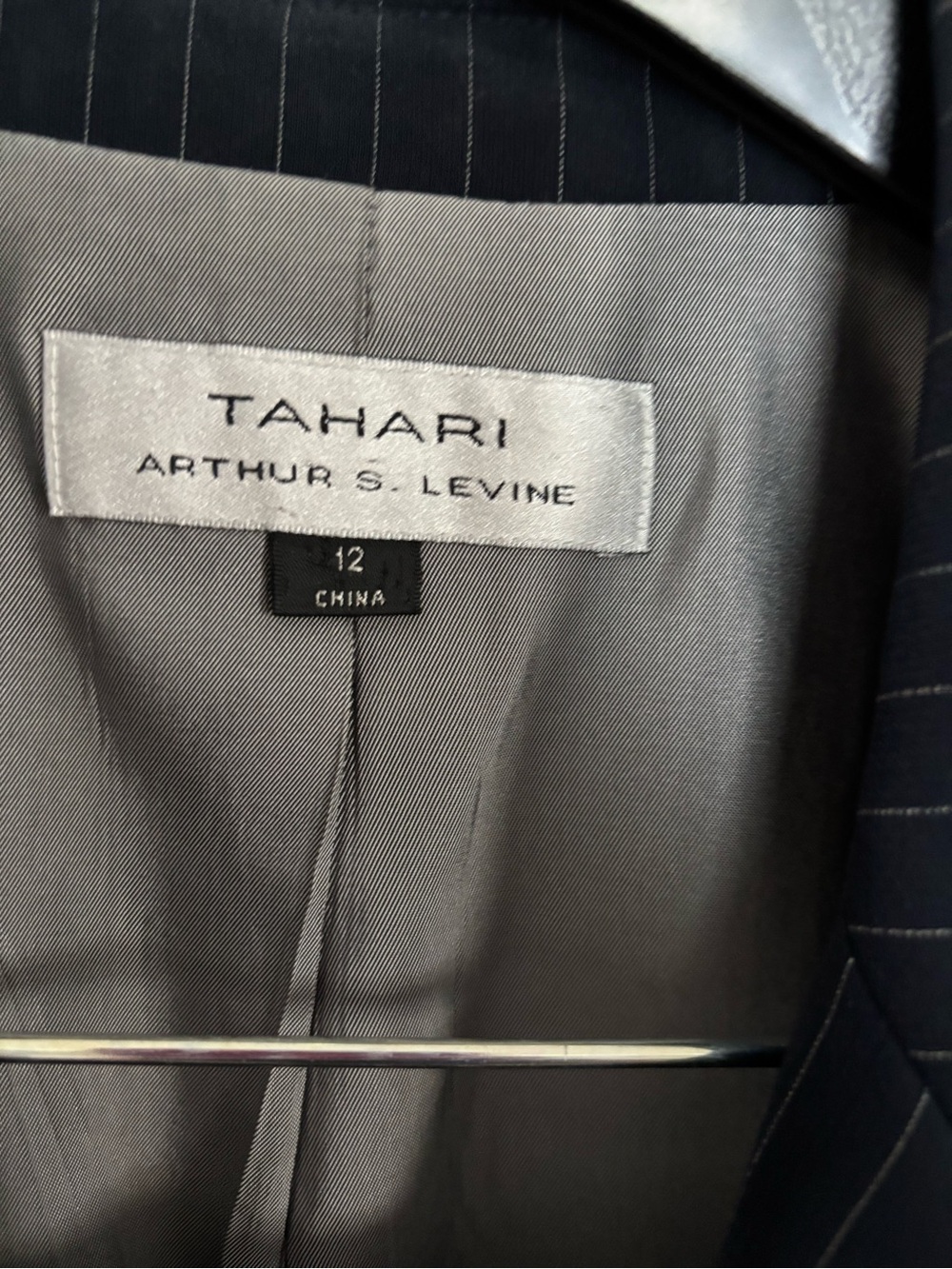 Tahari Navy Pinstripe Blazer with Gray Lining